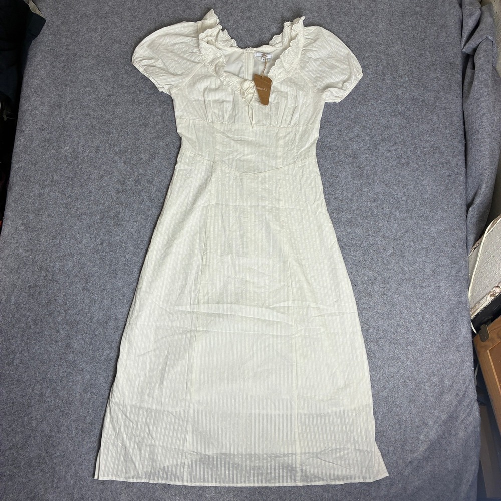 RIHOAS White Lace Trim Puff Sleeve Empire Waist Midi Dress NWT Womens Size M